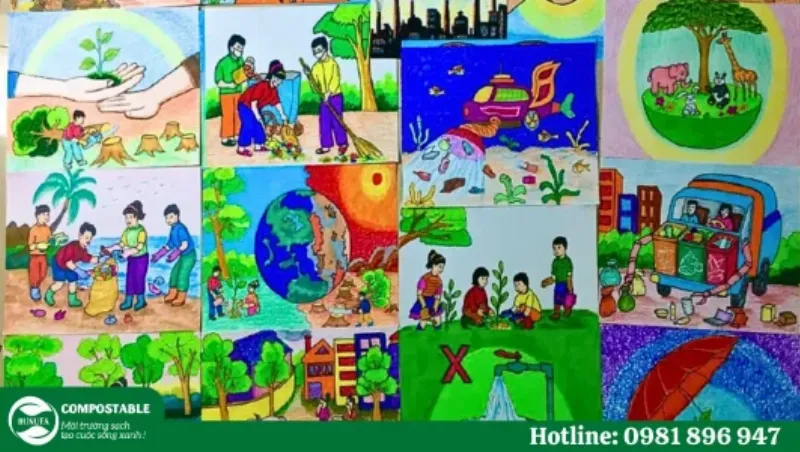 Tranh tuyên truyền bảo vệ môi trường thể hiện sức sống mãnh liệt của thiên nhiên được con người chung tay gìn giữ